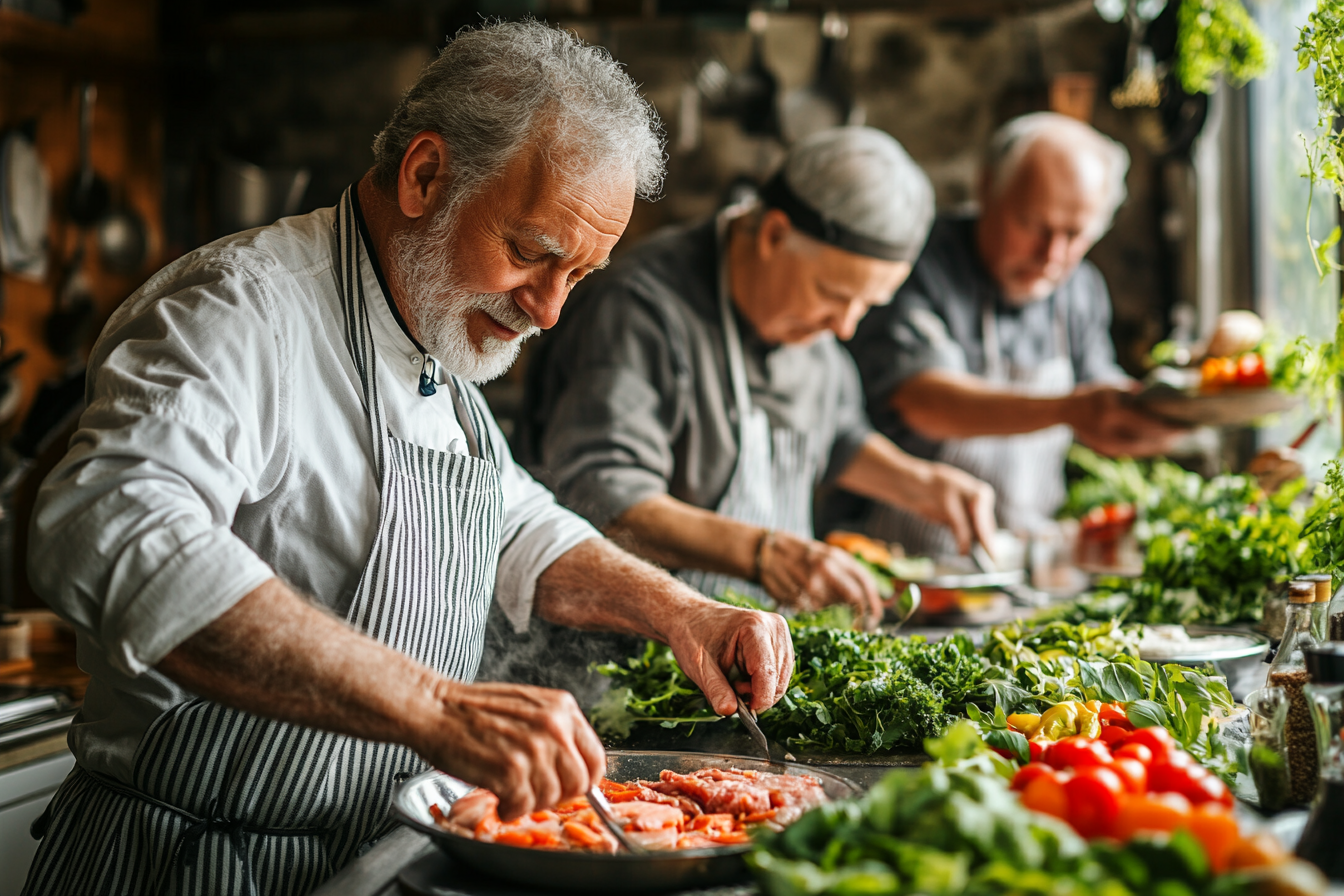 Щаслива пара старшого віку готує здорову їжу разом